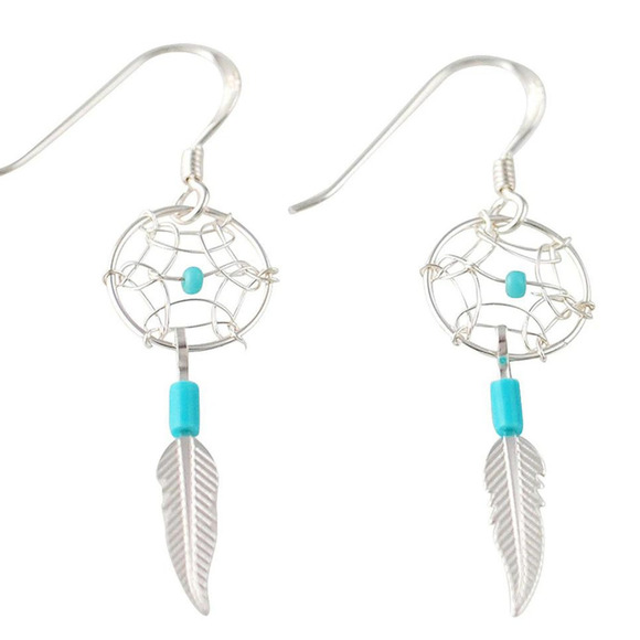 Sterling Silver Earrings Silver Turquoise Heishi Dream Catcher Earrings 925 Stam - Picture 1 of 5